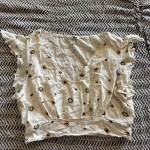 White Cream Brown Floral Cropped Top Shirt Womans sz Small